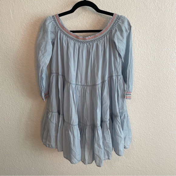 Free People Sunbeam Blue Embroidered Long Sleeve Off the Shoulder Dress Small - Picture 7 of 7